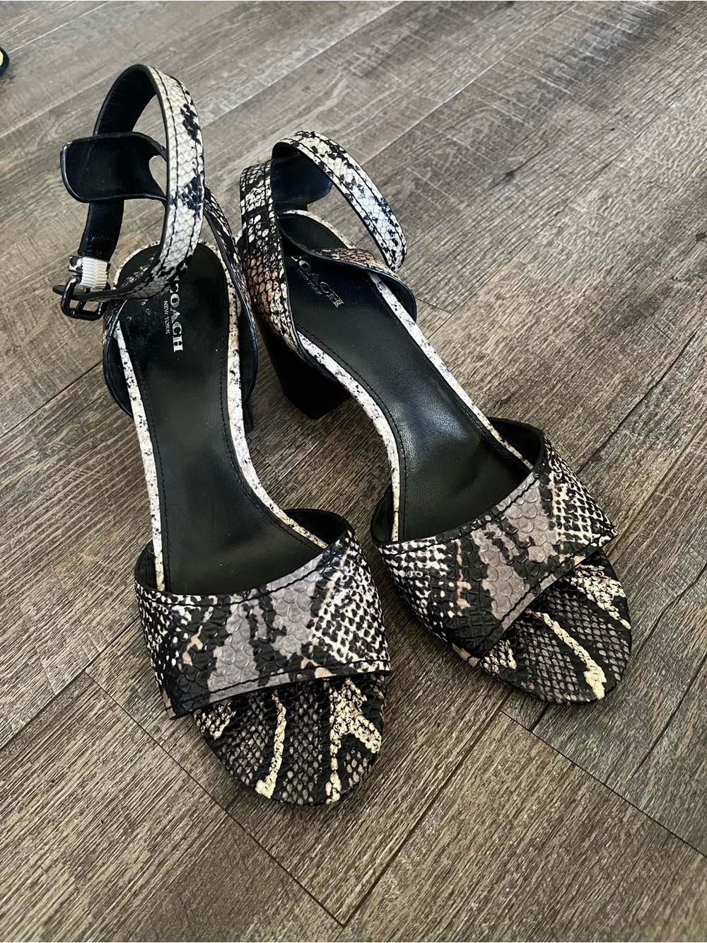 COACH Black and Cream Snakeskin Block Heel Sandals